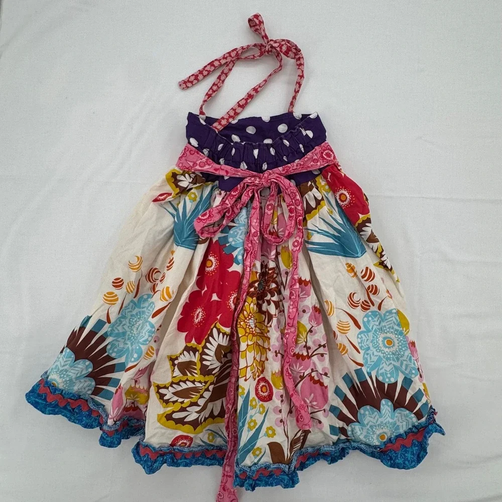Handmade Vtg 2000s Girls Boho Floral Polka Dot Halter Dress Ruffle Trim 2T/24M